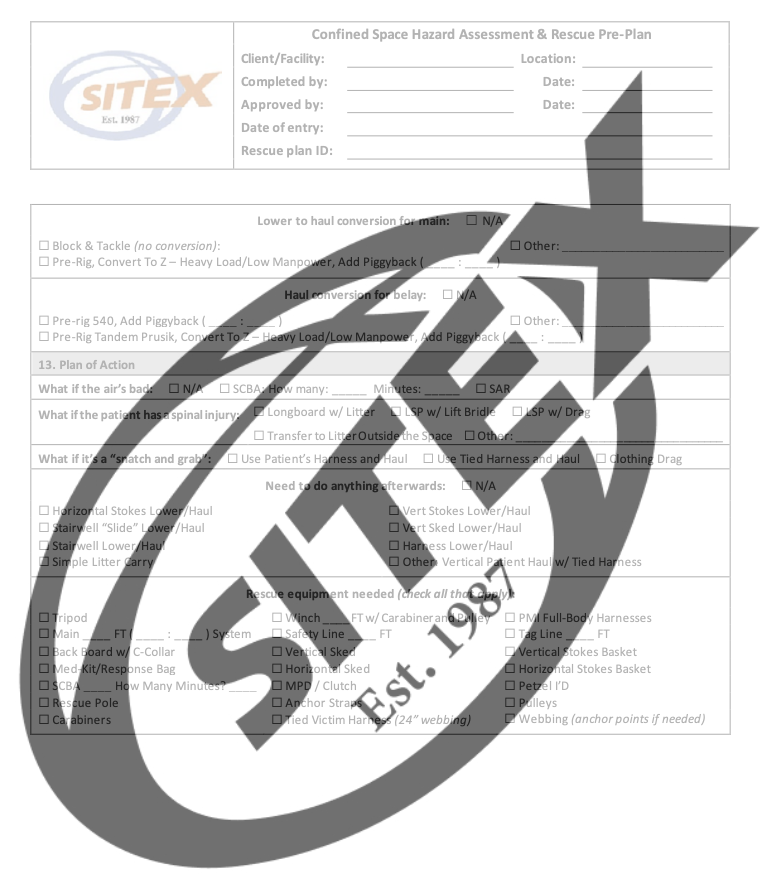 thumbnail showing a sample page from SITEX's confined space rescue plan