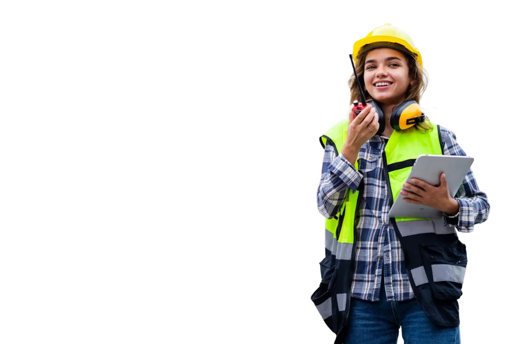 Woman worker with hard hat and walkie talkie