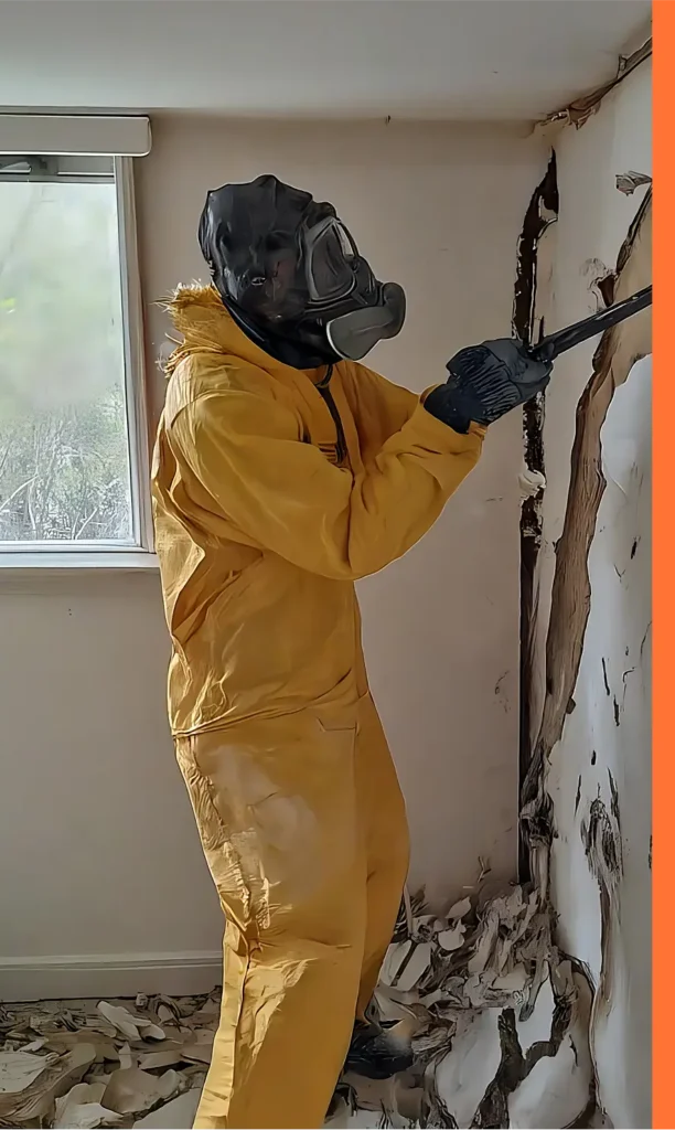 worker in protective suit standing and doing repairs